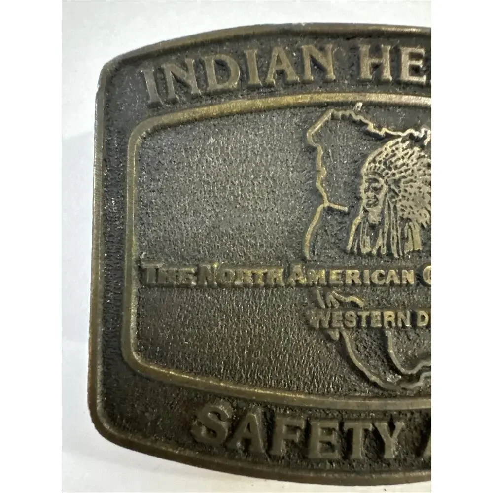 Vtg Indian Head Mine Brass Belt Buckle North American Coal Corp Safety Award 70s